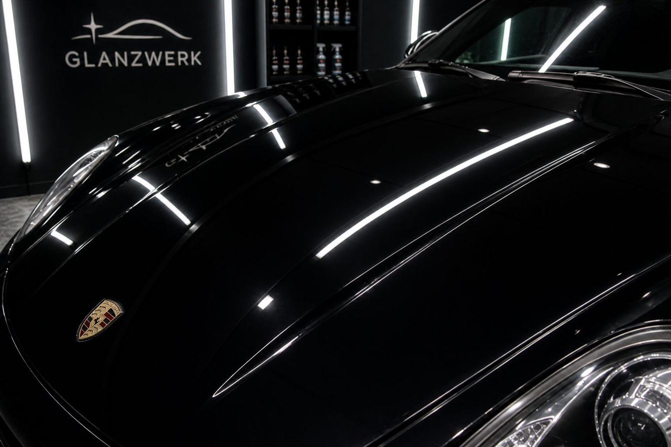 Schwarzer Autolack nach Politur mit spiegelndem Deep Gloss Finish
