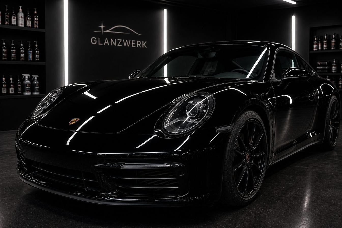 Schwarzer Porsche nach der Aufbereitung mit Hochglanz-Finish bei Glanzwerk