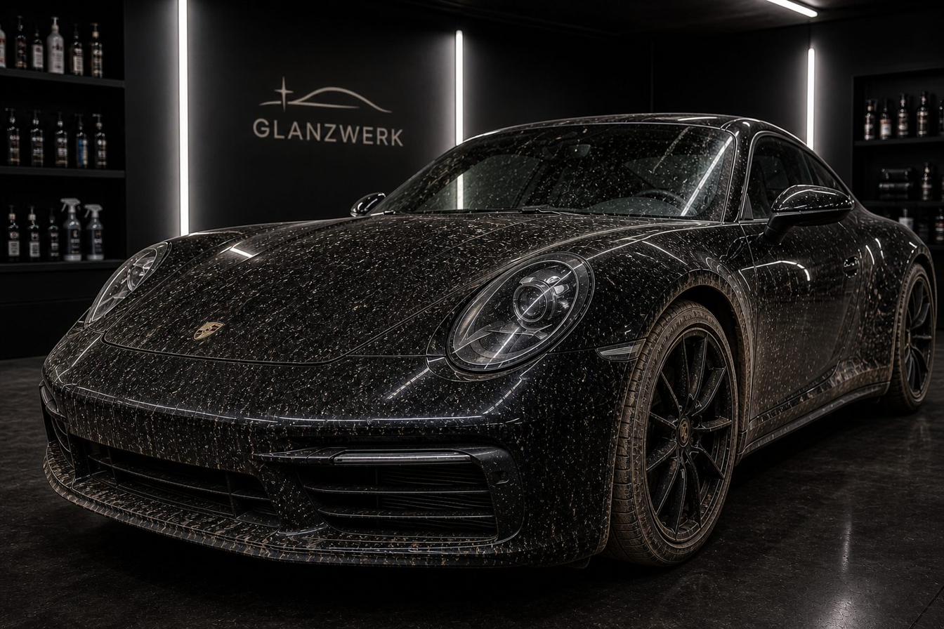 Dreckiger schwarzer Porsche vor der professionellen Fahrzeugaufbereitung bei Glanzwerk