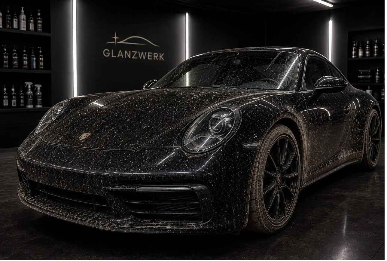 Schwarzer Porsche vor und nach der Aufbereitung bei Glanzwerk